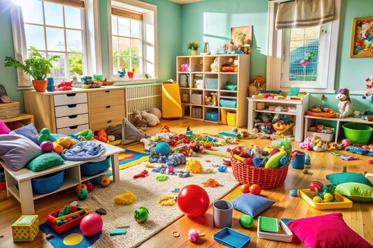 Toys, books, and clothes are strewn across the floor in a disordered children's room, transforming the play area into a chaotic, delightful mess of creativity.