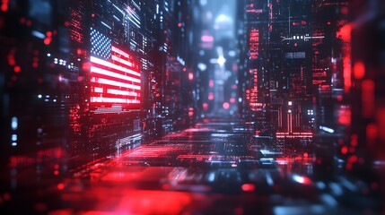 Fototapeta premium American flag surrounded by AI-generated holographic data, dark industrial background with subtle red and blue lighting, futuristic cybernetic elements, hyper-detailed texture