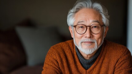 A wise elderly man with glasses and white hair wearing a warm, earthy-toned sweater, expressing calmness and wisdom against a cozy, inviting background.