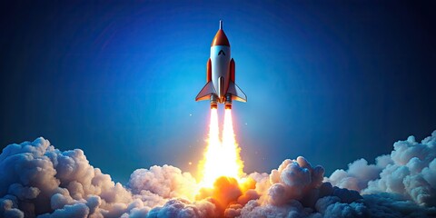 Transformative ideas emerge, igniting business potential like a rocket soaring into a bright blue sky, inspiring innovation and driving success.