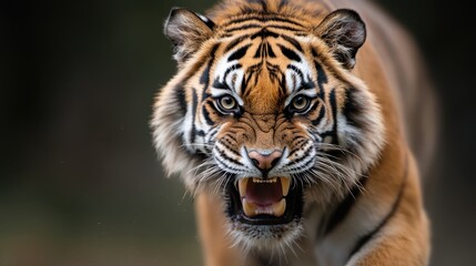 Fototapeta premium A close-up capture of a tiger in an aggressive stance, displaying a piercing gaze and bared teeth, epitomizing raw power and intensity against a dark background.