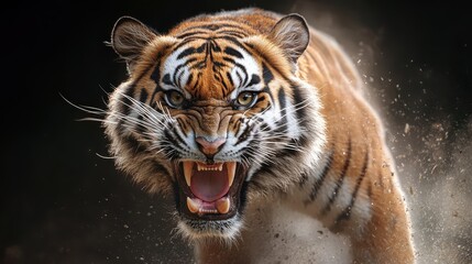 A dynamic image of a snarling tiger in motion, whiskers flaring, showcasing its raw power and fierce determination with a dramatic background of dust.