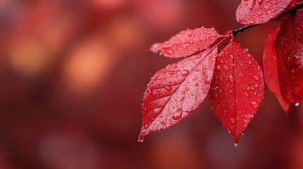 A scene of vibrant red leaves adorned with raindrops against a blurred background, delivering a striking contrast of color that enhances their natural allure.