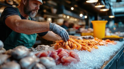 A vendor arranges a variety of fresh seafood including shrimp and fish on ice at a busy market, showcasing the vibrant offerings and lively atmosphere.