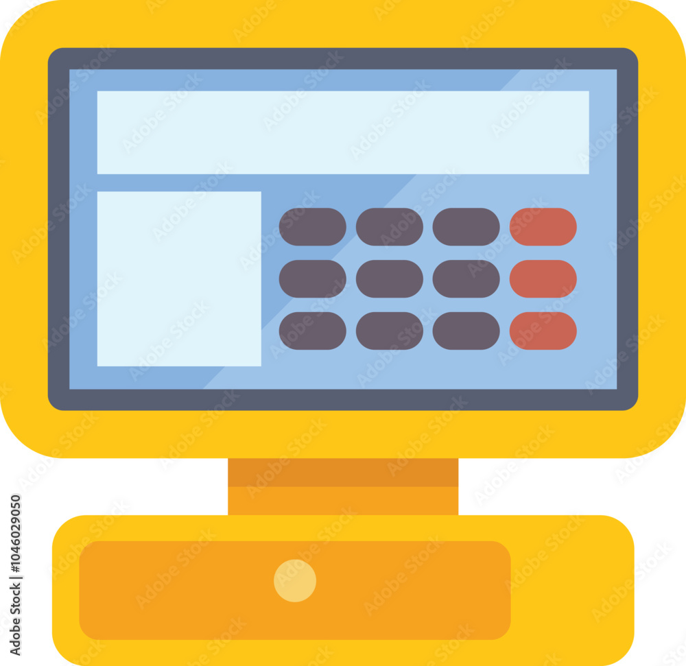 Poster electronic cash register with buttons and touch screen showing processing payment on white backgroun