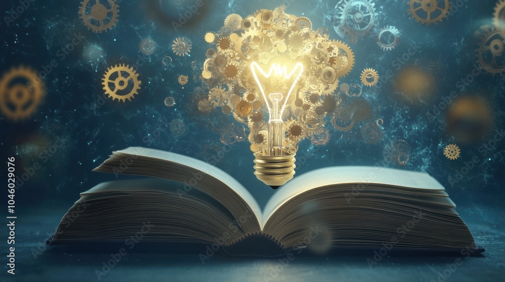 Leinwandbilder a glowing lightbulb emerges from an open book, surrounded by gears, representing the fusion of knowl