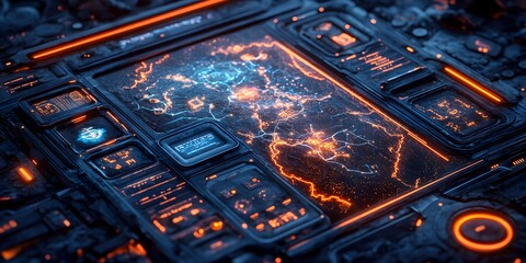 A futuristic digital interface displaying a map with glowing elements and data panels.