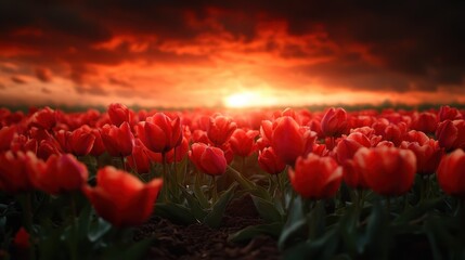 A breathtaking expanse of red tulips is illuminated by a dramatic sunset sky, offering a striking and emotive visual perfect for capturing nature’s splendor.