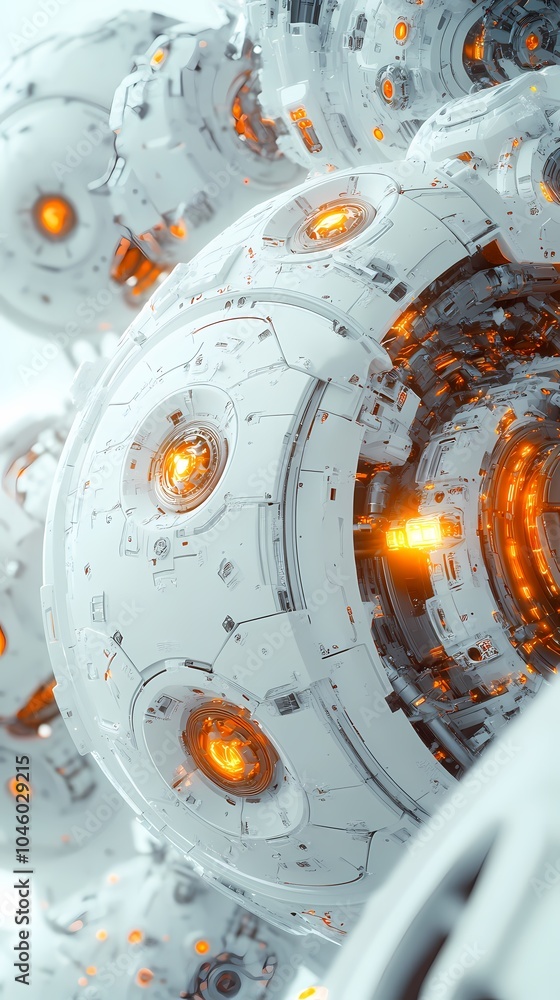 Poster a futuristic design featuring interconnected spherical structures with glowing elements.