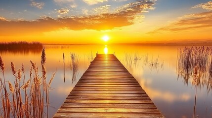 Fototapeta premium Tranquil Sunset over Lake, Wooden Pier, Scenic Landscape. Golden Hour, Serene Nature Background.
