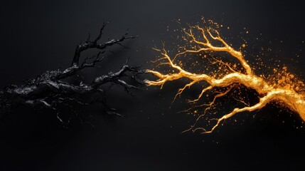 Intriguing abstract image depicting an artistic clash between golden and black branching figures, symbolizing contrast, tension, and duality in modern design.