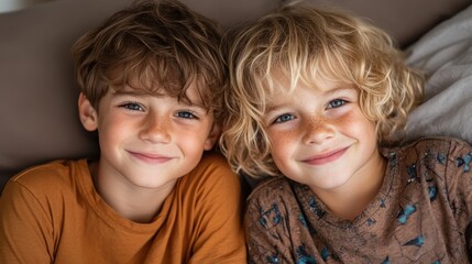 A heartwarming photo of two young boys with cheerful expressions sitting together indoors, capturing the essence of childhood joy and companionship.