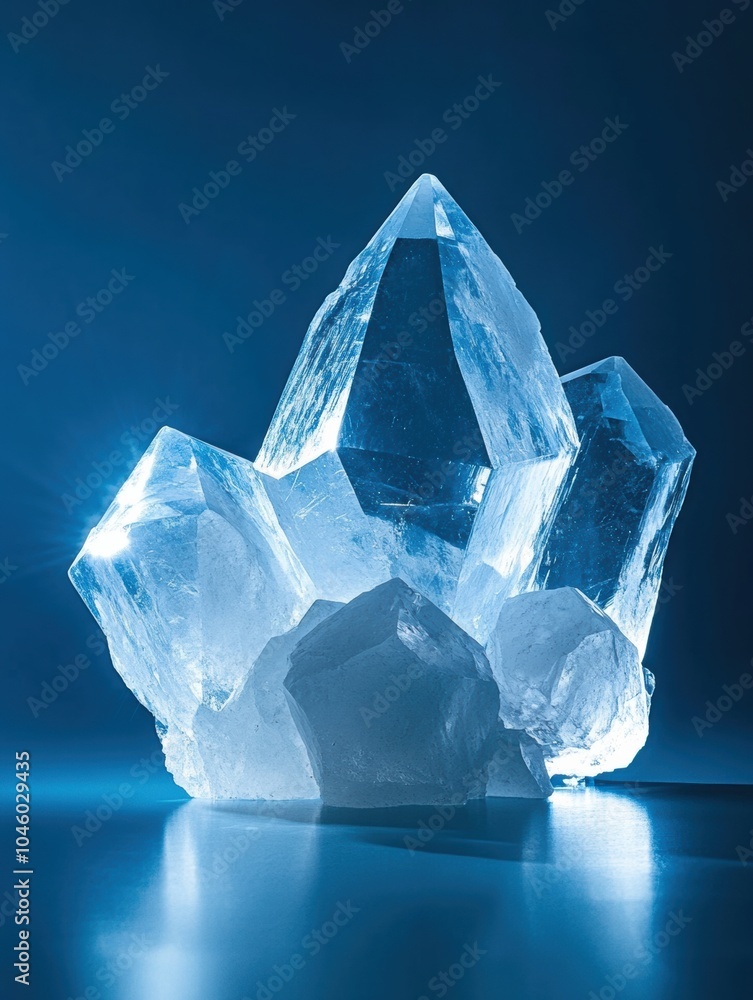 Poster icy crystals with geometric shapes shine and reflect light beautifully on a tranquil blue backdrop, 