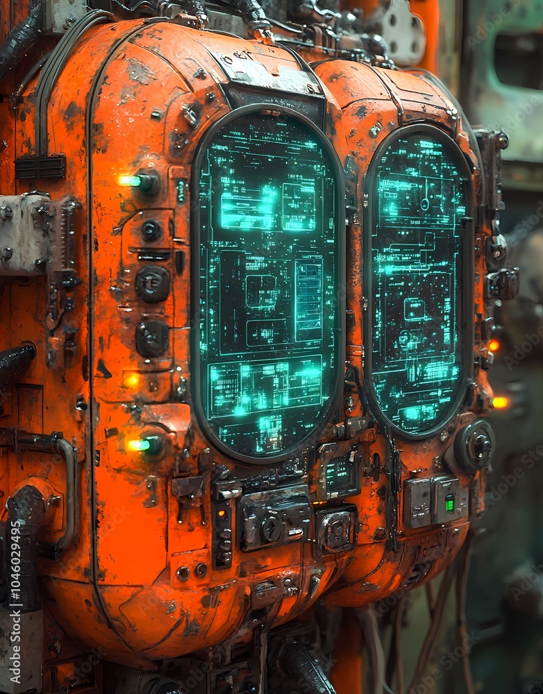 Poster a futuristic control panel with glowing screens and buttons, showcasing advanced technology.