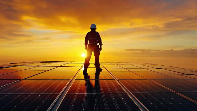 A silhouette of a worker on a solar panel rooftop at sunset, symbolizing renewable energy and environmental sustainability.