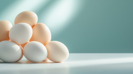 A carefully arranged stack of eggs, both white and brown, sits on a surface, bathed in gentle, natural light, creating a calm and serene composition.