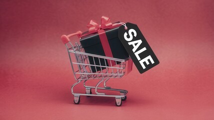Minimalist red shopping cart filled with wrapped gifts and sale tag in bold contrast