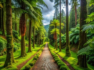 Obraz premium Tropical Park Alley on Sao Miguel Island Azores with Lush Forest, Moss and Majestic Trees and Palms