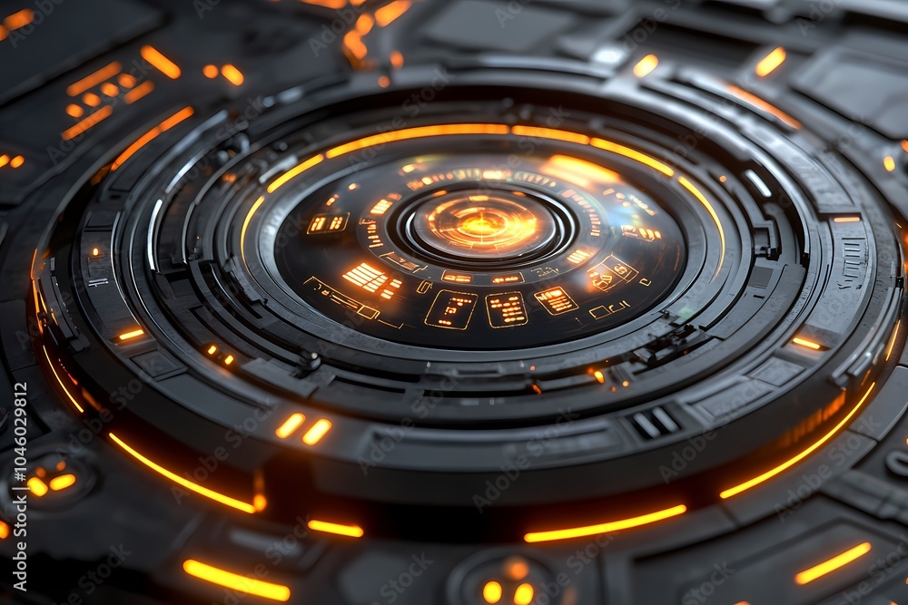 Poster a futuristic, circular interface with glowing orange accents and intricate patterns.