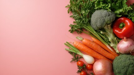 A collection of fresh vegetables, including carrots, broccoli, and tomatoes, are artistically arranged on a soft pink background, indicating health and vibrance.