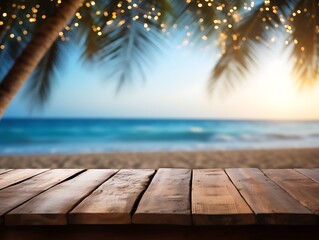 Wooden Tabletop Beach Scene with Palm Leaves and Lights