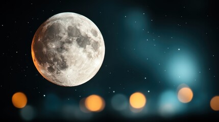 The full moon shines brightly against a dark night sky filled with stars, capturing the mysterious beauty and tranquility of nighttime celestial phenomena.