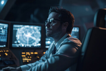 Airplane pilot sitting in cockpit monitoring navigation instruments during night flight