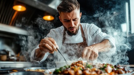 A focused chef in a professional kitchen carefully prepares a dish, surrounded by enticing steam, demonstrating the passion and art of culinary expertise.
