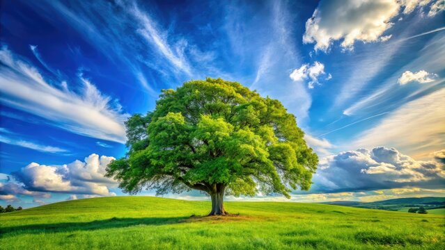 Under a clear blue sky dotted with clouds, a beautiful Blhender Kirchbaum tree rises gracefully, surrounded by a rich green landscape that enchants the eye.