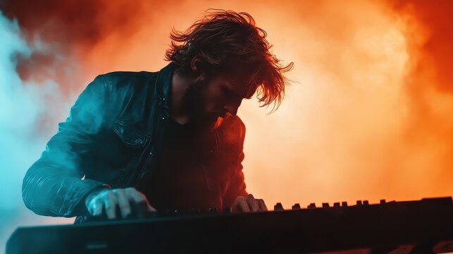 A dynamic scene featuring a musician in a leather jacket playing keyboard on stage, surrounded by a colorful and vibrant backdrop of orange and blue lighting.