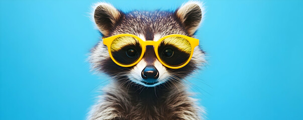 Fototapeta premium A cool raccoon sporting sunglasses against a bright blue backdrop
