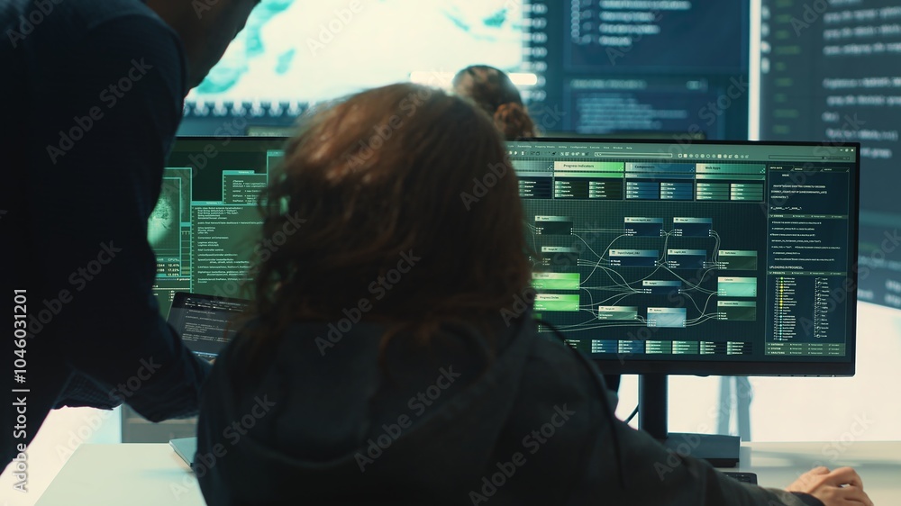 Poster governmental hackers team working on digital security and cyber defense measures, using pc and big s