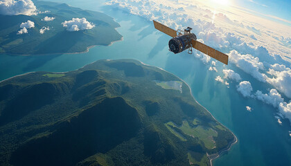 Naklejka premium A satellite orbits Earth, revealing vibrant landscapes of forests, rivers, and oceans.