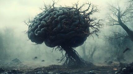 An abstract decaying brain, neurons unraveling like roots, half-dissolving into a void, visualizing the decay of memory and mental fragility