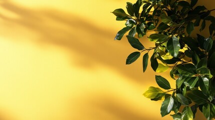 Glossy green leaves create stylish shadows against the bright yellow background, offering a chic and warm atmosphere that evokes feelings of harmony and nature's beauty.