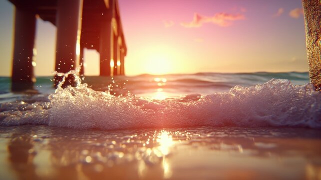 A captivating image of ocean waves gently crashing beneath a wooden pier at sunrise, creating a serene atmosphere with warm golden reflections on the water’s surface.