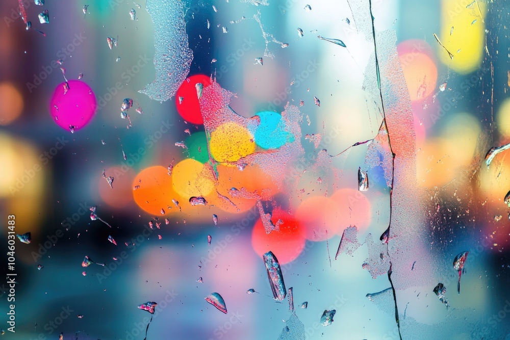 Aufkleber water droplets on a window with colorful lights blurred in the background. this image is perfect for