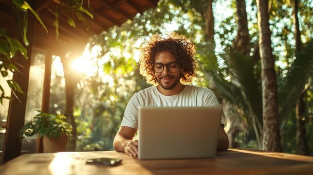 A curly-haired man wearing glasses works on a laptop in a serene outdoor setting, surrounded by lush greenery, signifying tranquility and focus.