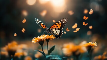 A striking butterfly is perched delicately on vibrant yellow flowers, surrounded by smaller butterflies, evoking a sense of richness and abundant life in this scene.
