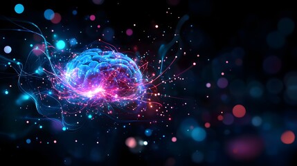 Obraz premium Brainwaves and data streams radiating from a young mind, symbolizing cognitive engagement in the digital age. Abstract, digital art, blue and purple hues, glowing effects