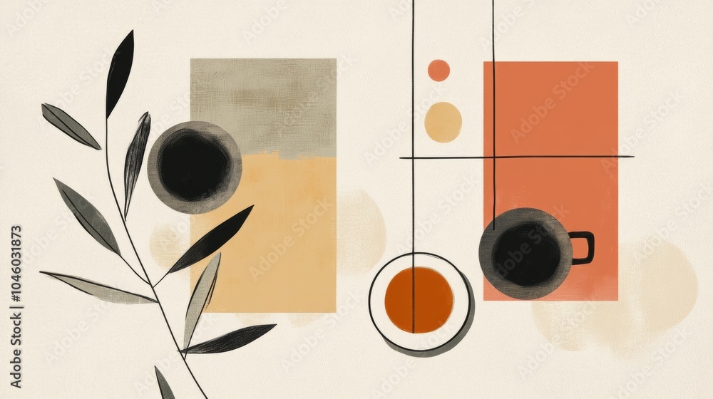 Poster A creative arrangement of tea cups and leaves creates a harmonious visual, blending warm colors and intersecting lines for a soothing effect. Generative AI