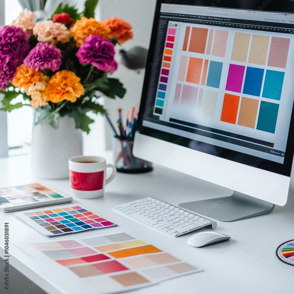 Fototapete Vibrant workspace with color swatches and modern computer display