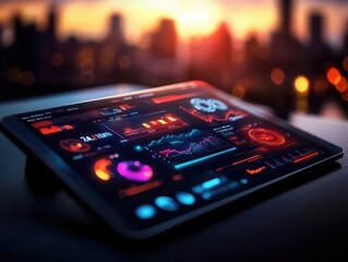 Business analytics dashboard, vibrant colors, graphs and charts, digital display, informative