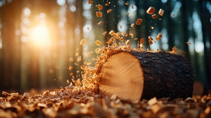 A tree trunk is being cut as wood chips scatter in the air, beautifully illuminated by a glowing sun shining through a serene forest setting in the background.