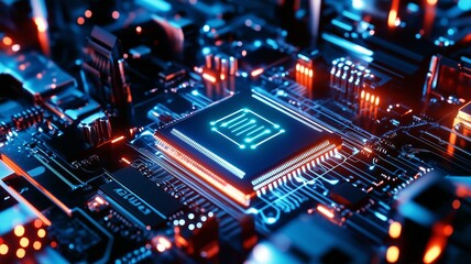 Obraz premium Close-up of a glowing computer chip on a circuit board.