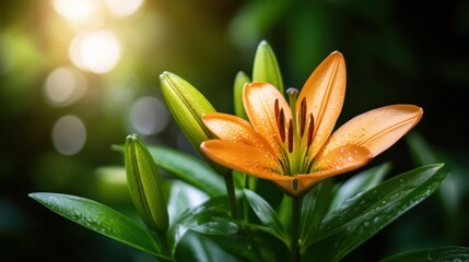 Obraz premium An exquisite orange lily in full bloom stands against a backdrop of lush green foliage, glistening with dew under a soft light, embodying elegance and vitality.