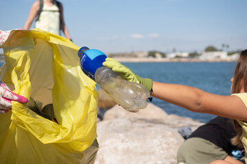 Volunteers collecting plastic waste by the seaside