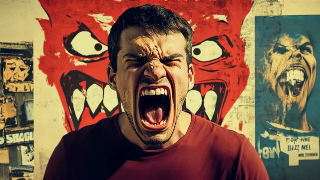 Composite collage image of angry mouth annoyed man bullying trolling argument billboard comics zine minimal Video