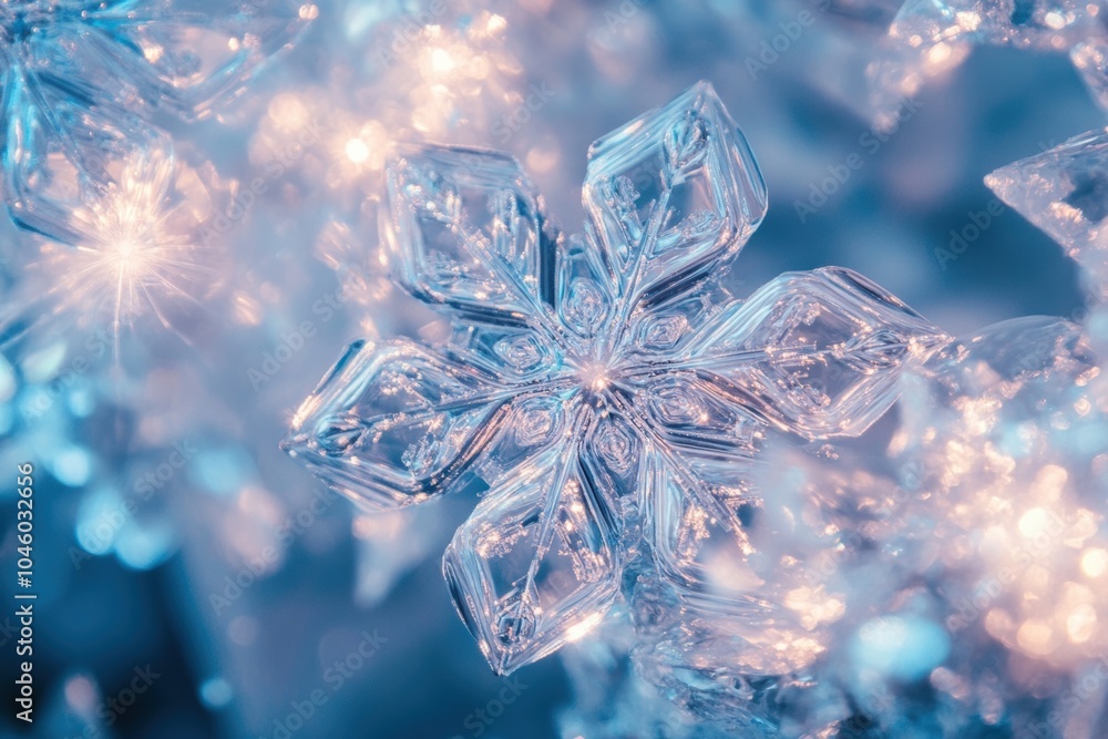 Poster Glowing icy shades manifest as intricate snowflake shapes, creating a stunning visual display in a winter wonderland. Generative AI
