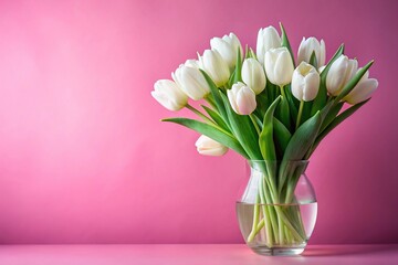 Fototapeta premium Spring flower arrangement with white tulips on a pink background Forced Perspective